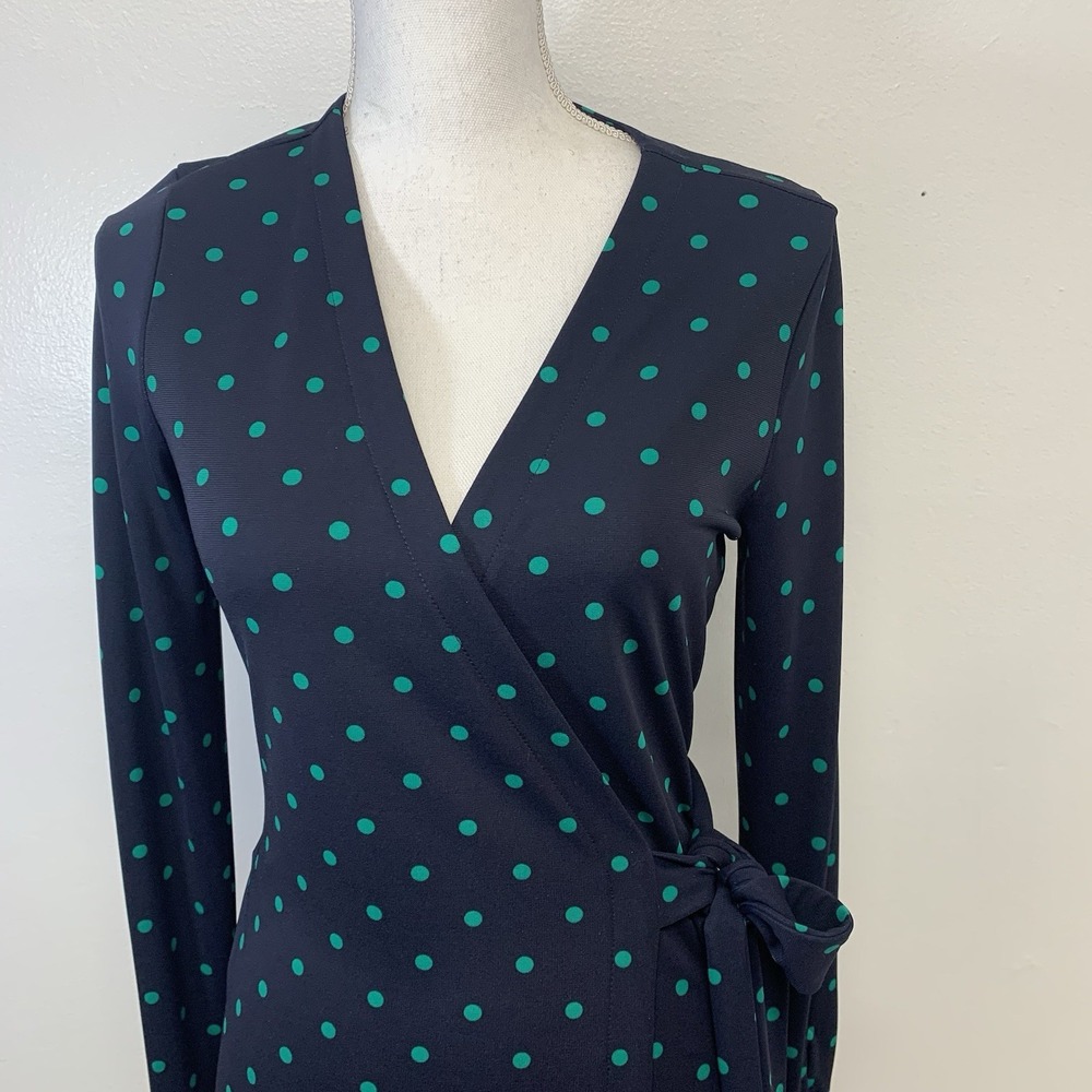 Ann Taylor Wrap Dress Navy Green Polka Dot Sz 4 Below Knee Business Travel Work - Picture 2 of 7